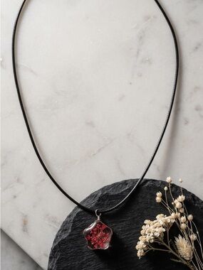 Handmade Red Floral Pendant Necklace on Black Cord